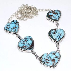 Boho Silver Plated Turquoise Ethnic Multiple Hearts Necklace Handcrafted 18"